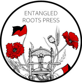 Logo for Entangled Roots Press of a printing press, flowers, and flag