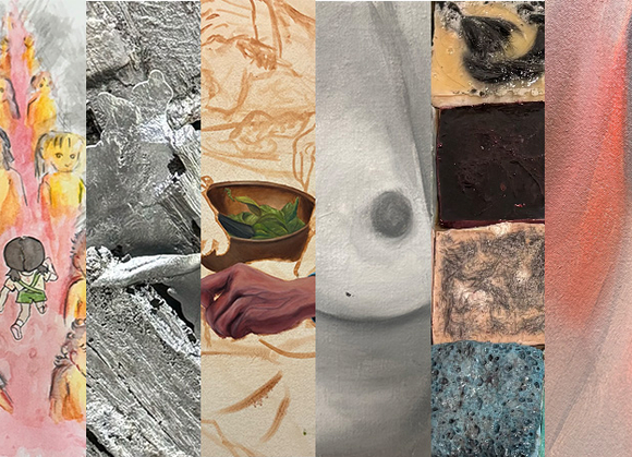 Collage of 6 artists works, all varying in colors and medium. 