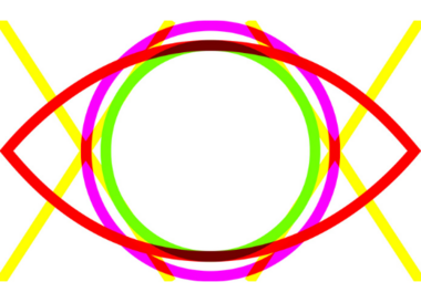 Colorful graphic that includes circles that form the shape of an eye and intersecting yellow lines