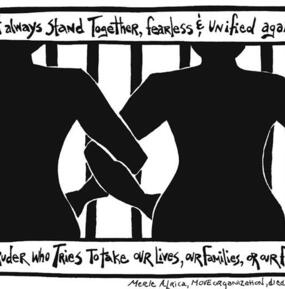 Black and white artwork of two people standing with arms interlocked in front of prison bars. 