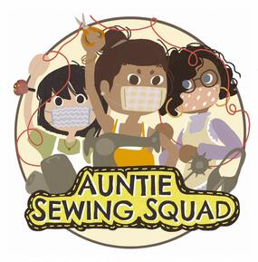 Auntie Sewing Squad circular logo with three masked people, fists in the air.