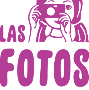 Purple and white logo of Las Fotos Project. Include name and an illustration of a person holding a camera up to their eye. 