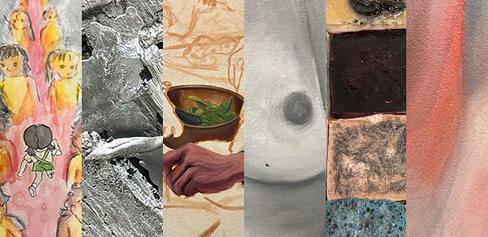 Collage of 6 artists works, all varying in colors and medium. 