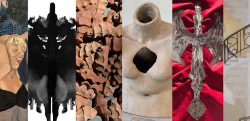 color composite image of eight artworks cropped to fit a long rectangle