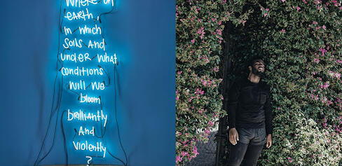 Diptych of EJ Hill's neon artwork and a photo of the artist standing in front of pink flowers