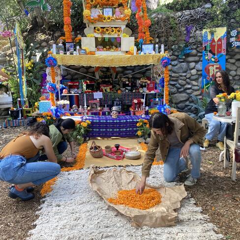 Students arranging flowers at the Highland Park Dia de Los Muertos altar