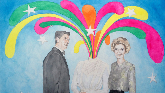 A watercolor painting of Ronald and Nancy Reagan flanking a figure whose head is exploding in a fountain of colors