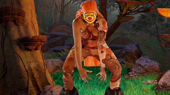 color video still of a Black woman in an imaginary forest