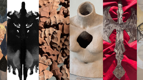 color composite image of eight artworks cropped to fit a long rectangle