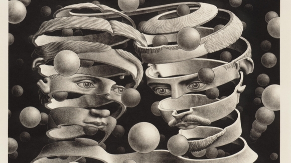 This is M.C. Escher's "Bond of Union" (1956) — a lithograph showing two profile heads, male and right, female left, formed from continuous spiraling ribbons