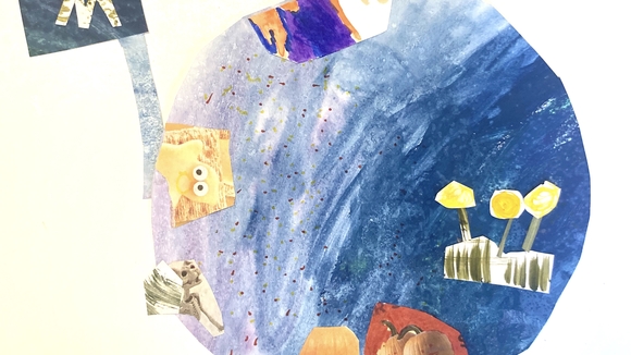 Collage of a blue planet with a flag and other glued on shapes 
