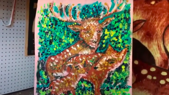 Colorful painting of two deer on a tote bag by Raul Balthazar