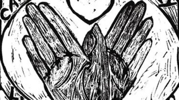 Black and white print showing two hands with a heart above them. The words "Caring Collectively / Lifting Each Other Up" form a circle around the hands