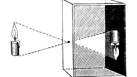Black and white drawing of a pinhole camera that shows how an image is flipped upside down 