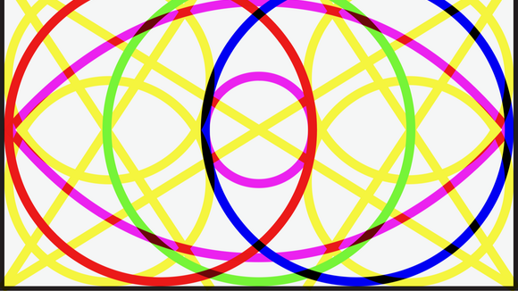 Colorful graphic with intersecting circles, ovals and Xs