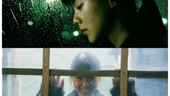 diptych with top image of woman looking down while rain pours on window, bottom image of woman smiling through a window 