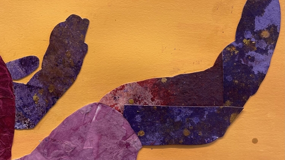 Close up of an artwork by Ashon Crawley. A yellow background with two hands outstretched, palms facing upward. The hands are purple and brown tones, and look collaged. 