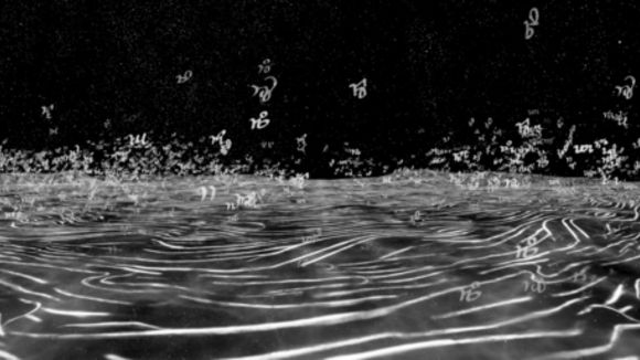 Abstract black and white illustration of water with letters from different languages floating.