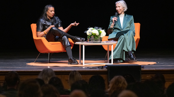 full color wide angle from the audience of Robin Coste Lewis and Alexandra Grant on stage in conversation