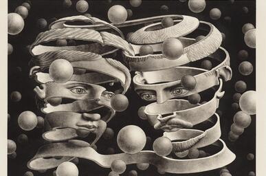 This is M.C. Escher's "Bond of Union" (1956) — a lithograph showing two profile heads, male and right, female left, formed from continuous spiraling ribbons