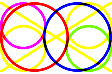Colorful graphic that includes colorful circles that overlap over a yellow X 