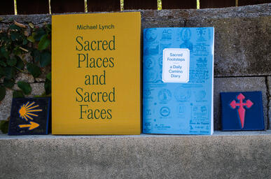 Colorful photo of two books sitting on a cement ledge. 