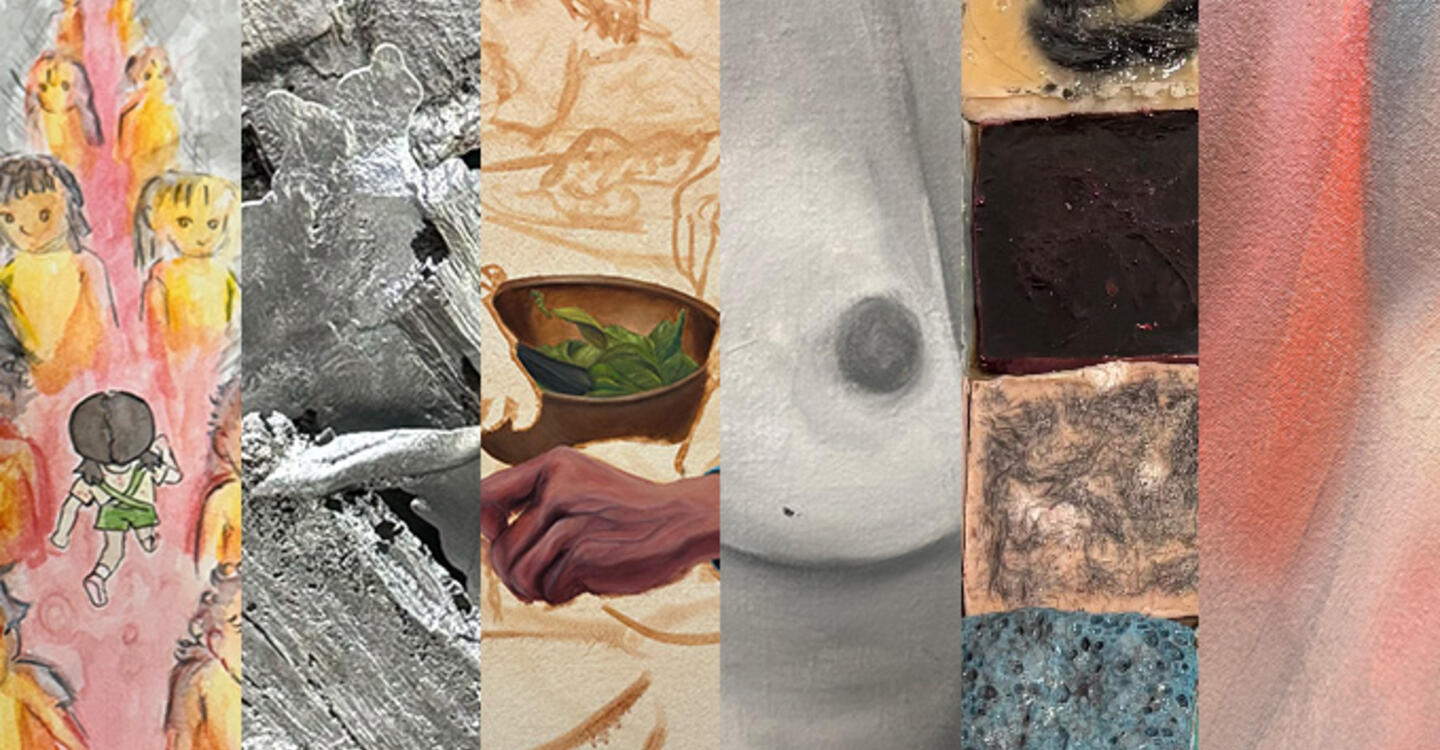 Collage of 6 artists works, all varying in colors and medium. 