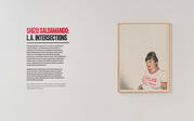 A portrait of a woman on a white wall next to a text description that reads "Shizu Saldamando: LA Intersections" with a description of the gallery