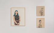 Three portraits by Shizu Saldamando. One larger portrait on the left and two smaller portraits stacked on the right. 