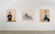 Three portraits by Shizu Saldamando against a white wall. 