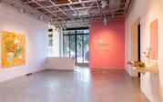 Gallery View of EJ Hill: Wherever we will to root featuring a floral painting, sink with flowers and exhibition wall text
