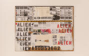 Collage by Alberto Lule that includes the word ALIEN repeatedly, his inmate number and photos of various IDs. 