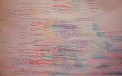 close up of white poster with colorful text of names and words