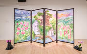 Folding screen with panels painted depicting a landscape with a tree, river, flowers, and a valley