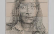 a portrait of a woman is rendered on 12 connected matte off-white ceramic tiles. 