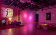 Wide image depicting the large gallery room, including Yasmine Nasser Diaz's piece and Morehshin Allahyari's piece.