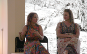 Professor Mariška Bolyanatz Brown speaking on right during the panel as Oxy Cognitive Scientist Sasha Sherman listens.