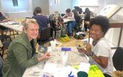 People printmaking with linoleum. 