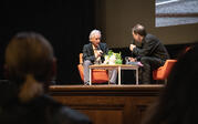 through the audience to full shot of Ed Ruscha & Paul Holdengraber on stage