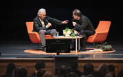 over audience to full shot of Ed Ruscha and Paul Holdengraber on stage