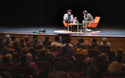 over audience wide shot of Kip Thorne and Paul Holdengraber on stage