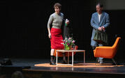 full shot Miranda July and Paul Holdengraber arrive on stage