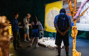 Alternate angle, group of people observing Mario Lewis's "Forest Notebooks"