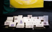 Close up of dozens of ballpoint pen drawings from Mario Lewis's Forest Notebooks, propped in wooden stands with abstract designs drawn.  