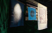 View of large installation pieces displayed farther back from Mario Lewis's forest notebooks, including paper drawings hung from floating driftwood. 