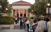 Guests waiting outside of Thorne Hall at Occidental College