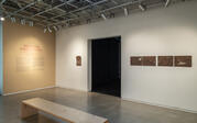 Wide view of first room of gallery, including Roksana's diptic piece "from one room to another" on either side of a doorway, and the vitrine with the exhibition text.
