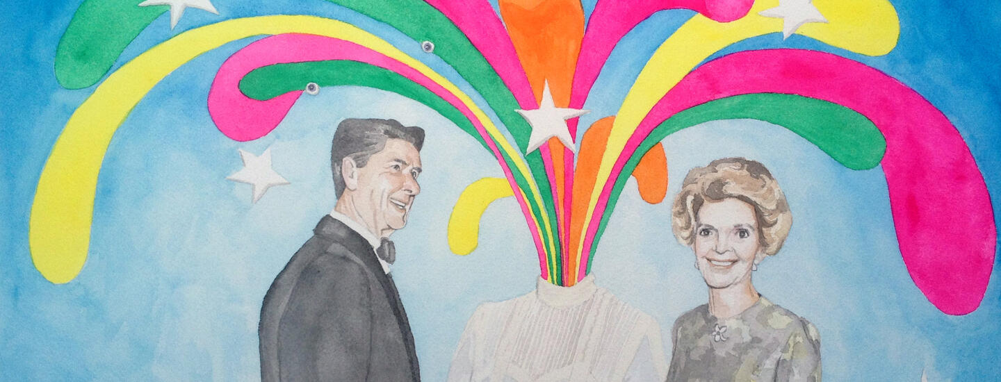 A watercolor painting of Ronald and Nancy Reagan flanking a figure whose head is exploding in a fountain of colors