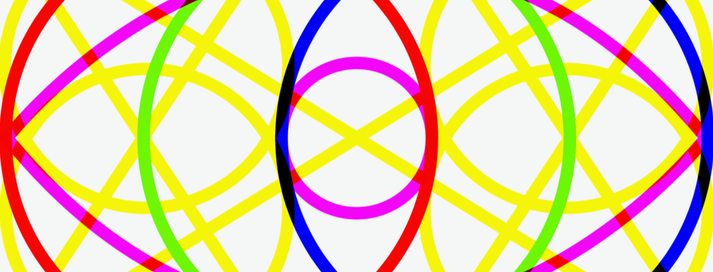 Colorful graphic that includes a series of differently sized circles overlapping intersecting yellow lines. 
