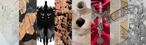 color composite image of eight artworks cropped to fit a long rectangle